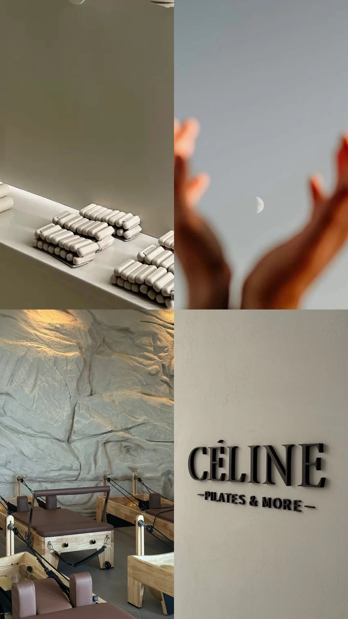 Collage of the CÉLINE studio sign, interior details, and a golden moon held in two hands